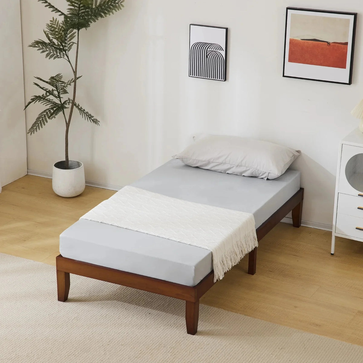 Wooden Twin Bed Frame with Brown Finish - Sturdy and Basic Design, 197.2 x 96.5 x 30.5cm - Perfect for Kids' Bedrooms