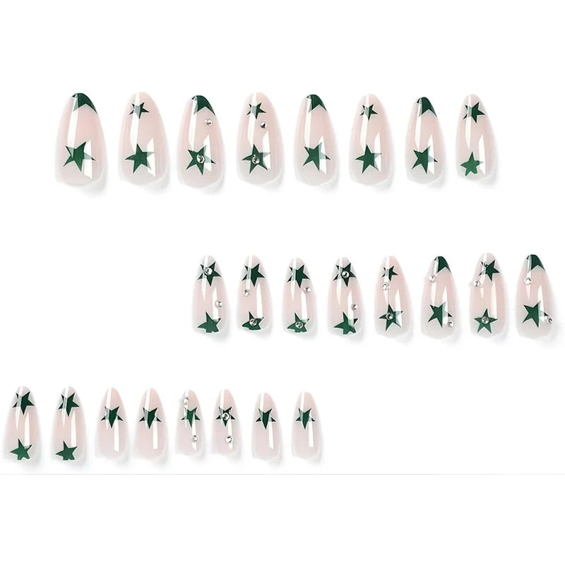 24 PCS Green Star Nail Art, Length Long Water Pipe Fake Nails, Had Nail Tips False Nail