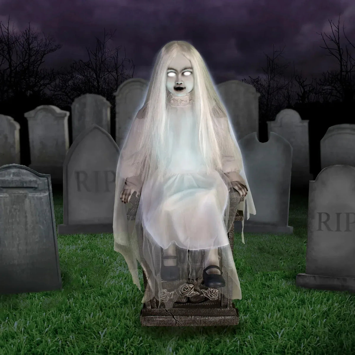 Motion-Activated Sitting Tombstone Girl by Tekky, Talking Animatronic for Ind...