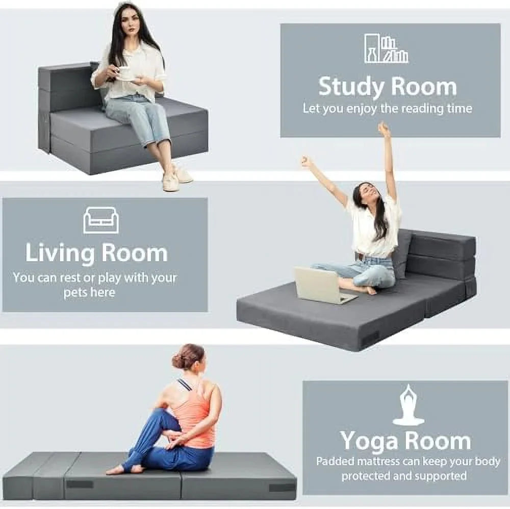 ASDRFYU 6 Inch Folding Sofa Bed Couch with Pillow Tri-fold Mattress with High-Density Foam Foldable Floor Couch with Headrest Portable Guest Bed with Zippered & Washable Cover Gre
