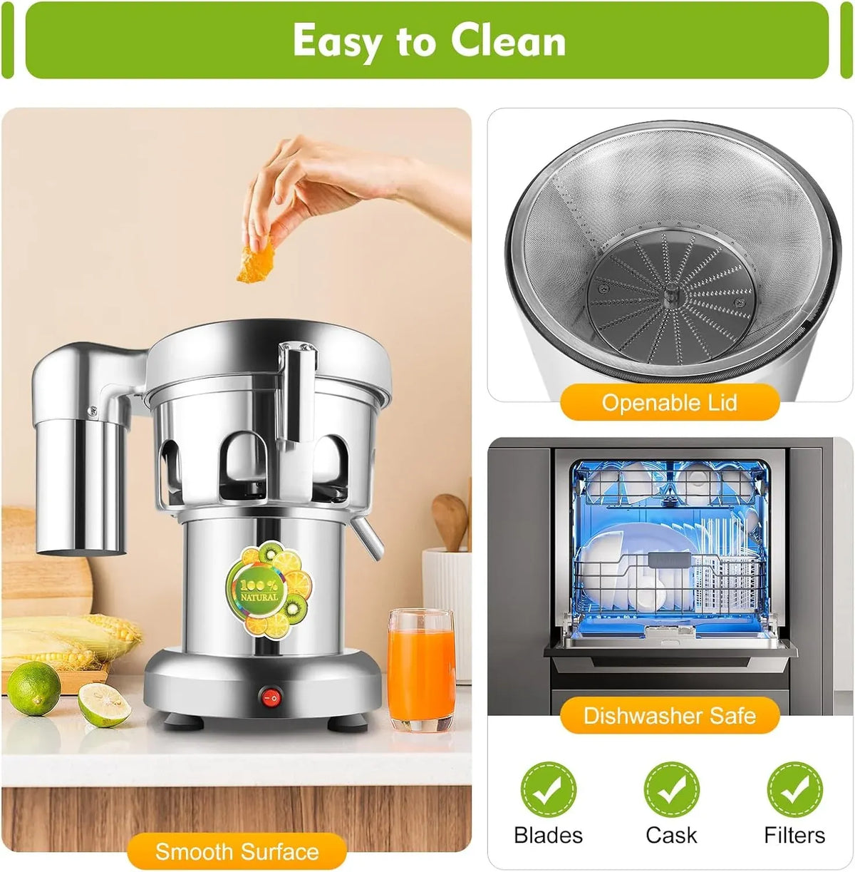 Commercial Juice Extractor, 370W 110V Electric Stainless Steel Juicer for Fruit Vegetable Heavy Duty Centrifugal Juicer Machine Juice & Residue Separated Low Noise