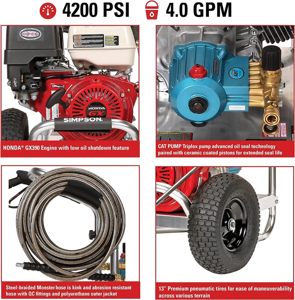 Cleaning 4200 PSI Gas Pressure Washer, 4.0 GPM Power Washer for Commercial Use, Honda GX390 Engine, 50-Foot Steel-Braided Hose, Aluminum Series, 49-State (ALH4240)
