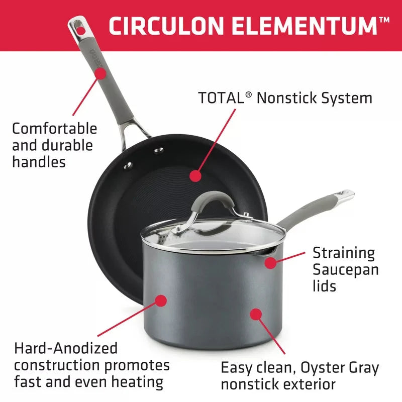 Circulon 84569 Elementum 7.5 qt. Hard-Anodized Aluminum Nonstick Stock Pot in Oyster Gray with Glass Lid
