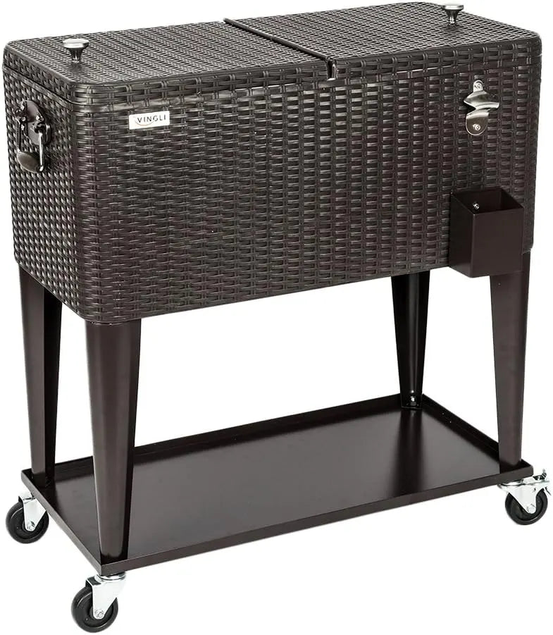 VINGLI 80 Quart Rolling Ice Chest on Wheels, Portable Patio Party Bar Drink Cooler Cart, Wicker PP Rattan with Shelf, Beverage Pool with Bottle Opener