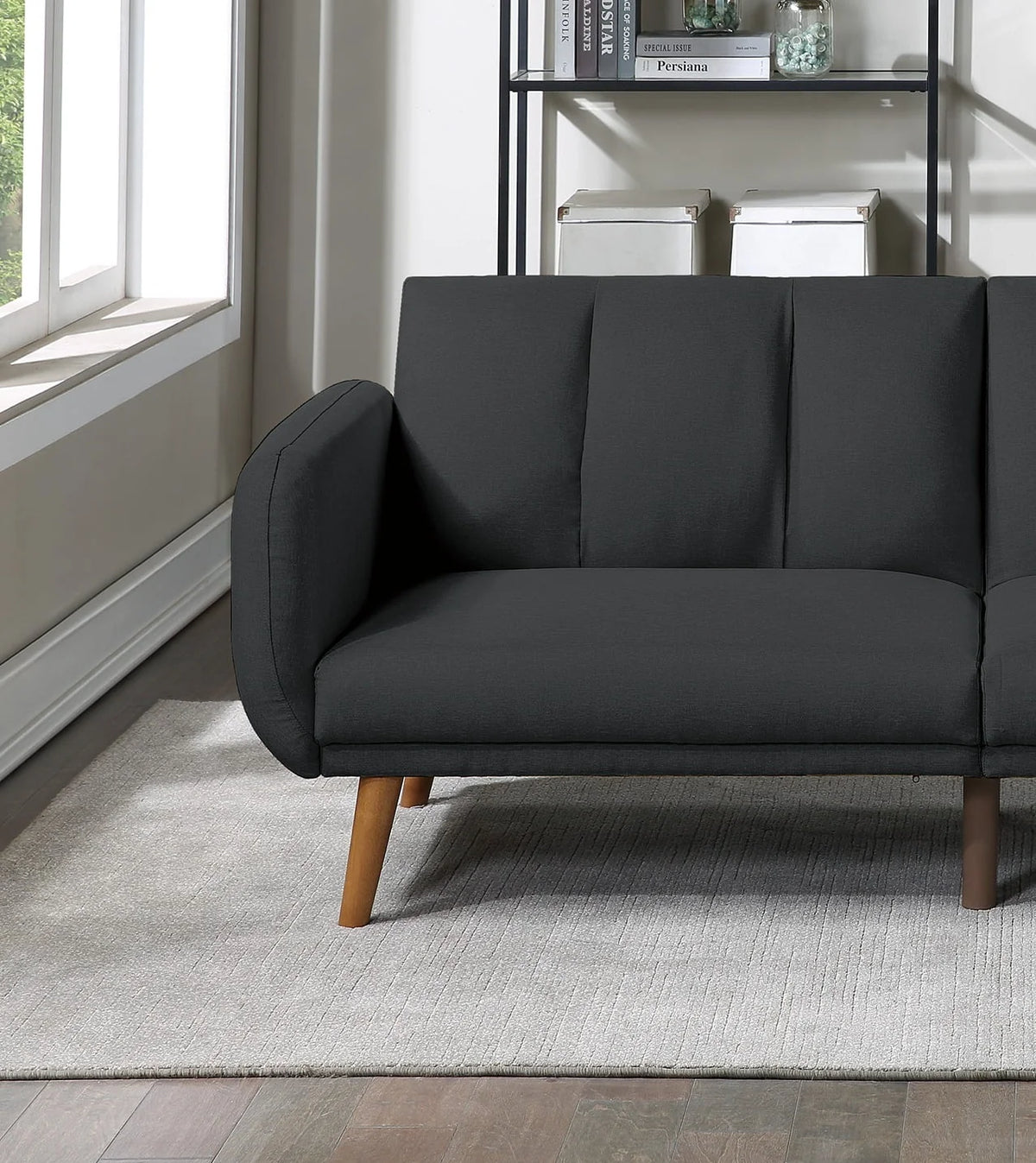 Dcenta Elegant Modern Sofa Black Polyfiber 1pc Sofa Convertible Bed Wooden Legs Living Room Guest Furniture
