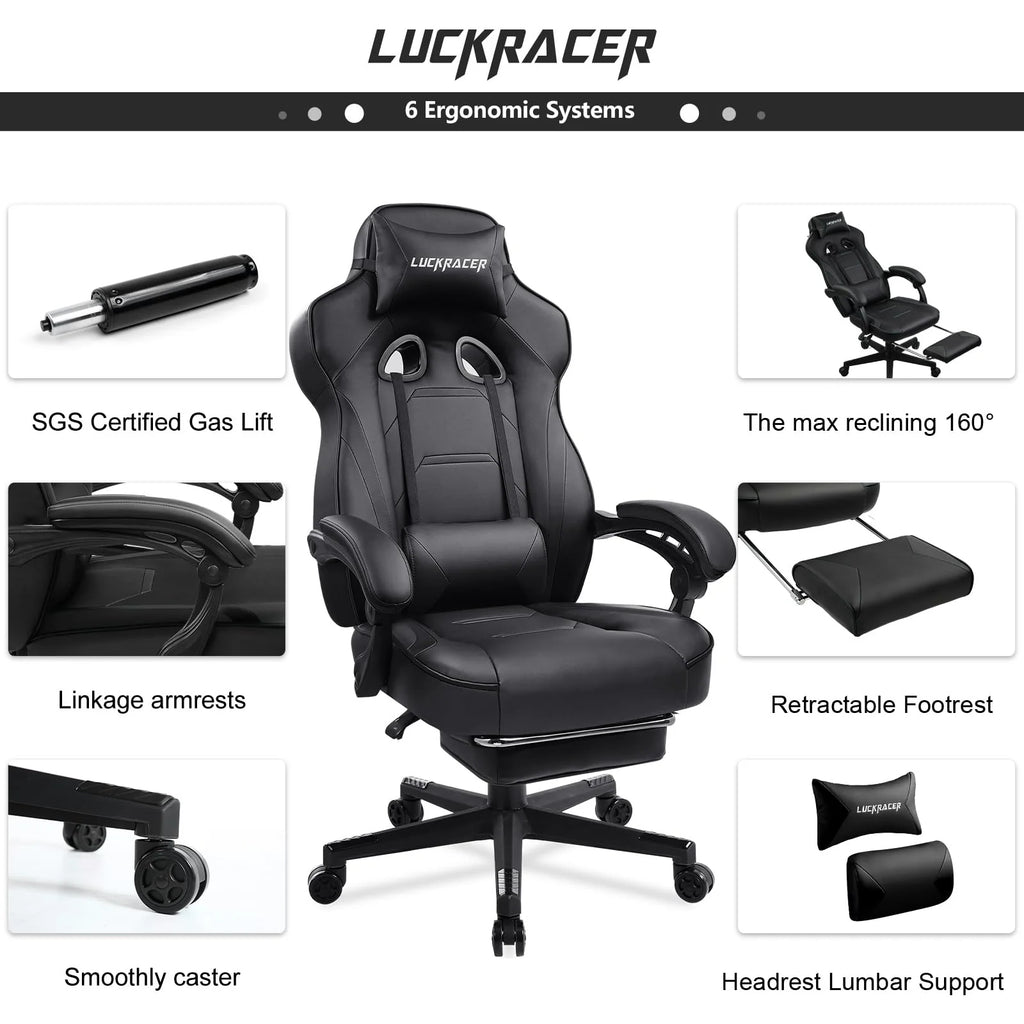 LUCKRACER Computer Gaming Chair with Footrest, Ergonomic Big and Tall Gamer Chair PU Leather Swivel Lumbar Support Racing Style E-Sports Game Chairs by GTRACING (Black)