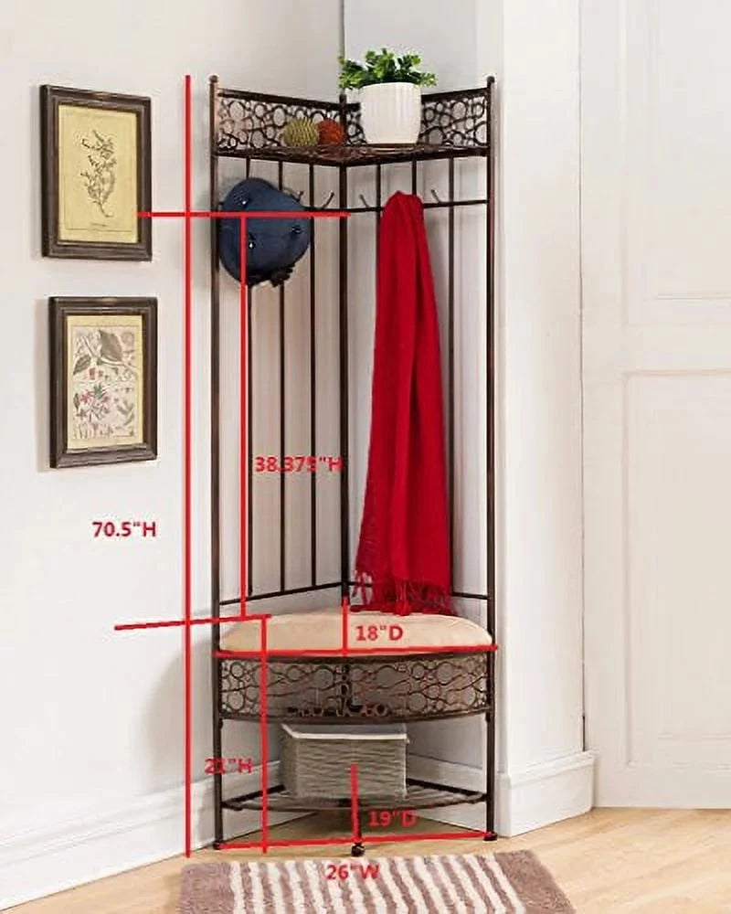 Kings Brand Furniture Brushed Copper Metal Corner Entryway Hallway Storage Bench with Coat Rack