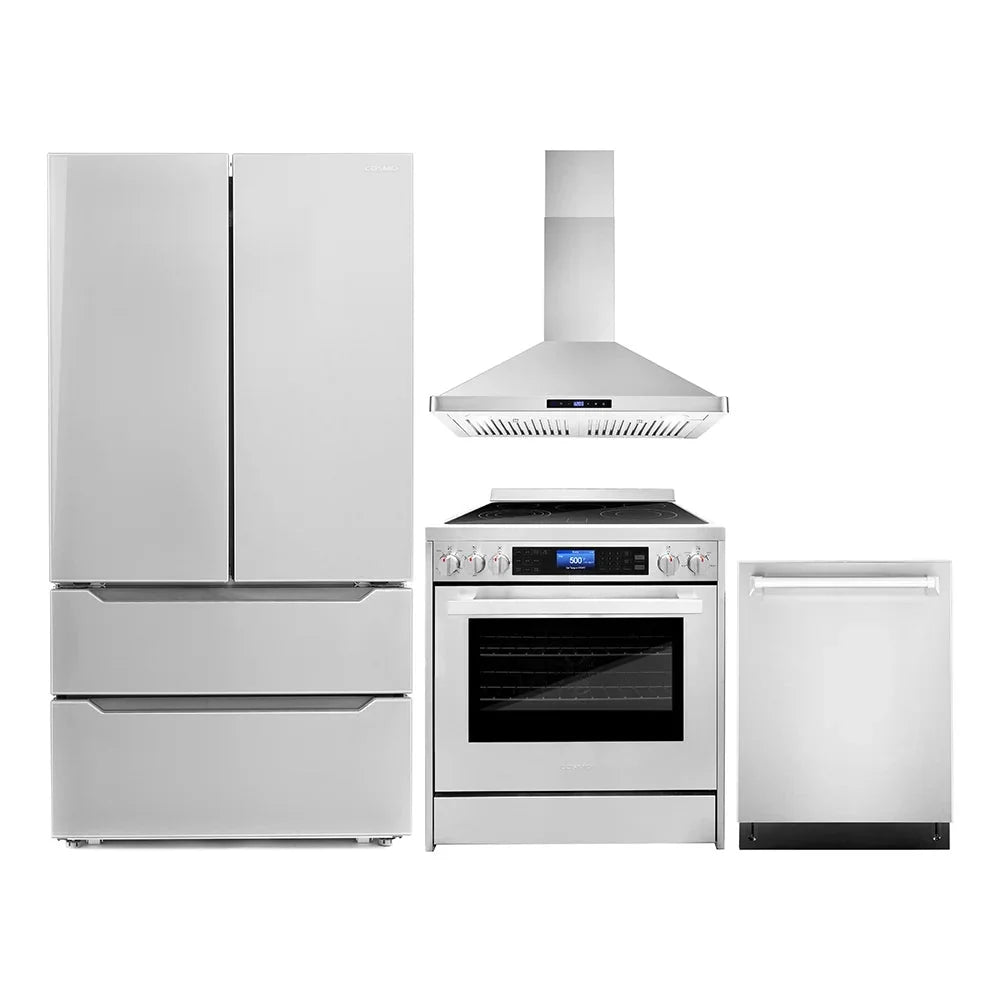 Cosmo 4 Piece Kitchen Appliance Packages with 30 Freestanding Electric Range 30 Wall Mount Hood 24 Built-in Integrated Dishwasher & French Door Refrigerator Kitchen Appliance Bundles