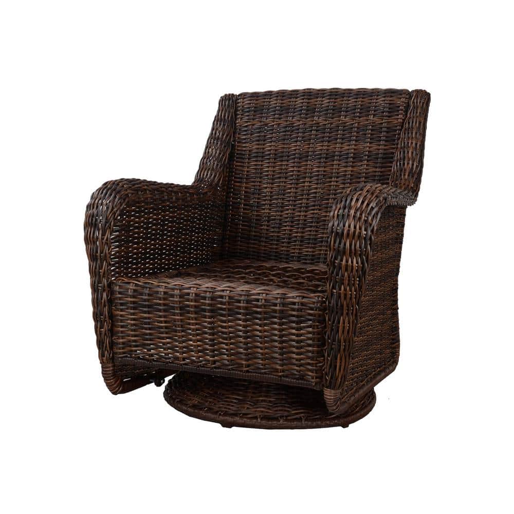 Hampton Bay Cambridge Brown Wicker Outdoor Patio Swivel Rocking Chair with CushionGuard Midnight Navy Blue Cushions 65-17148B4