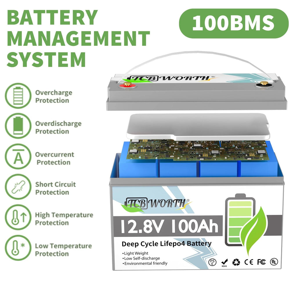 LiFePO4 Battery 12V 100Ah with 10A Charger,TCBWORTH Battery,100A BMS,10000+Cycles, for RV,Solar
