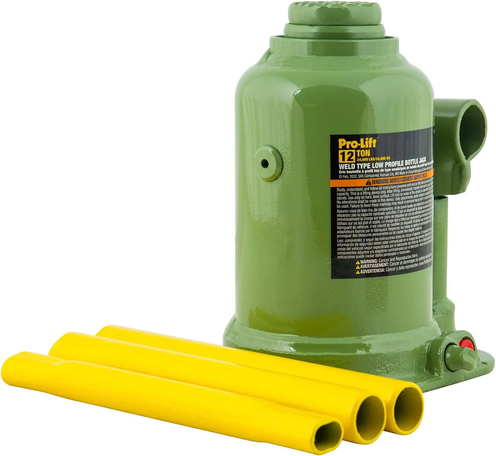 Pro-Lift B-S12W Welded Bottle Jack 12 Ton - Low Profile (24,000 Lbs) Capacity Hydraulic Lifting with Side Pump Two-Piece Handle