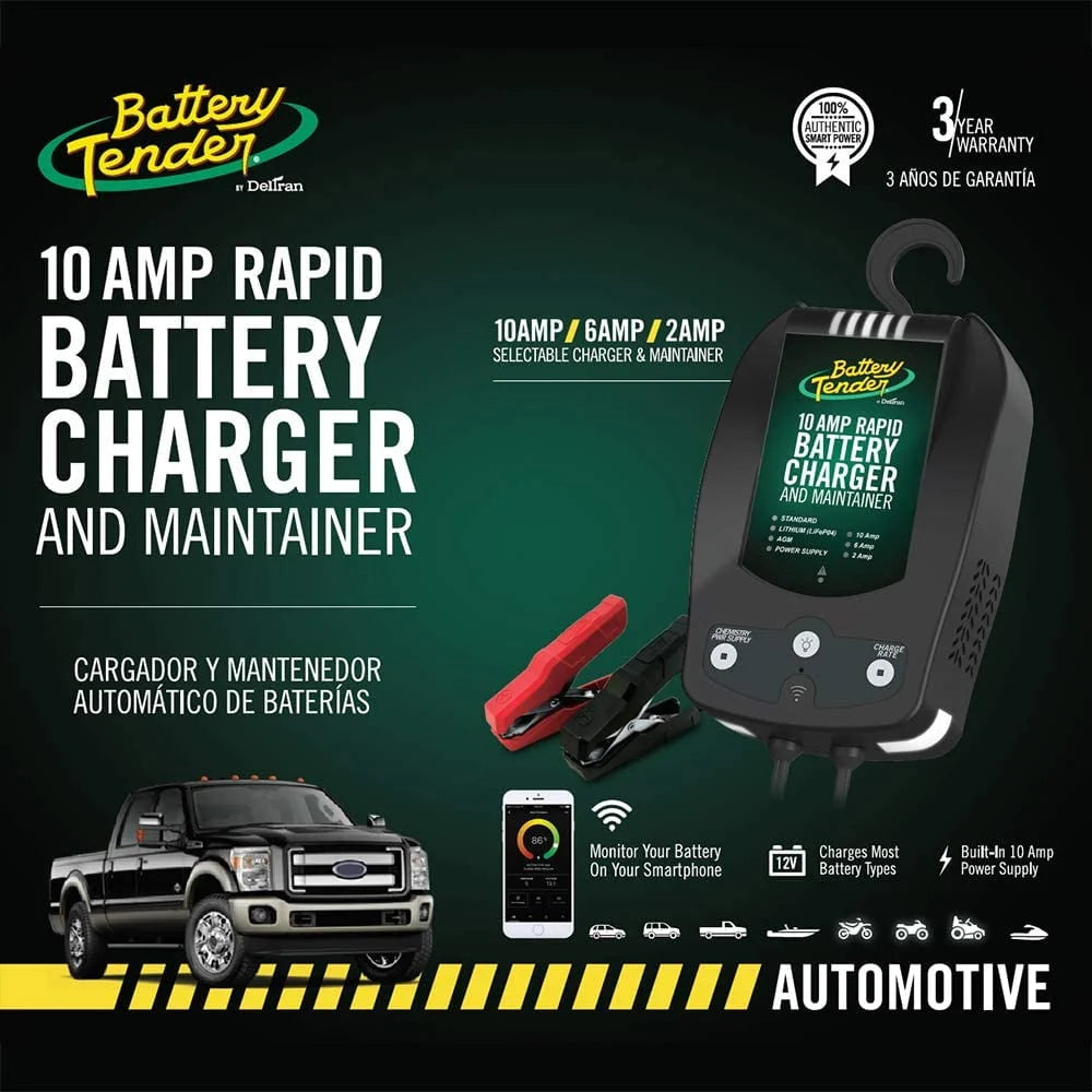 Battery Tender 10 AMP Battery Charger and Maintainer - 12V Switchable 10 AMP / 6 AMP / 2 AMP Smart Fully Automatic for Cars SUVs Trucks - Selectable Chemistry Standard Lithium AGM - 022-0229-DL-WH