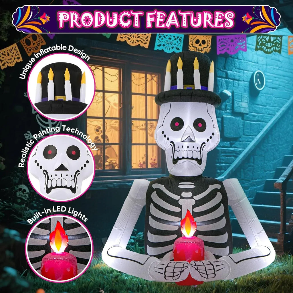 6FT Halloween Inflatables Skull Decoration: Day of The Dead Skeletons Blow Up Outdoor Decor, DÃ­a de Los Muertos Inflatable Built-in LEDs for Holiday Party, Garden, Lawn, Yard, Patio DÃ©cor
