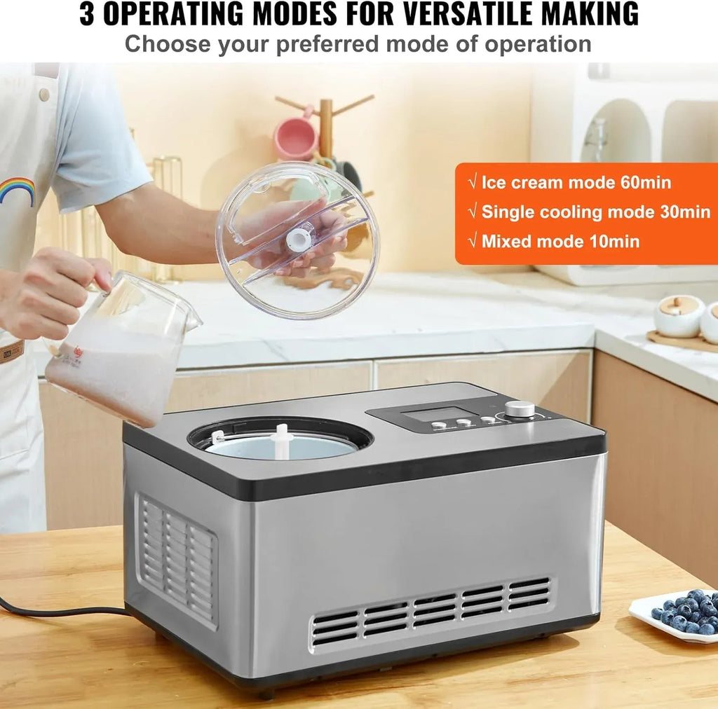 Automatic Ice Cream Maker with Built-in Compressor, 2 Quart No Pre-freezing Fruit Yogurt Machine, Stainless Steel Electric Sorbet Maker, 3 Modes Gelato Maker with LCD Display & Timer, Silver