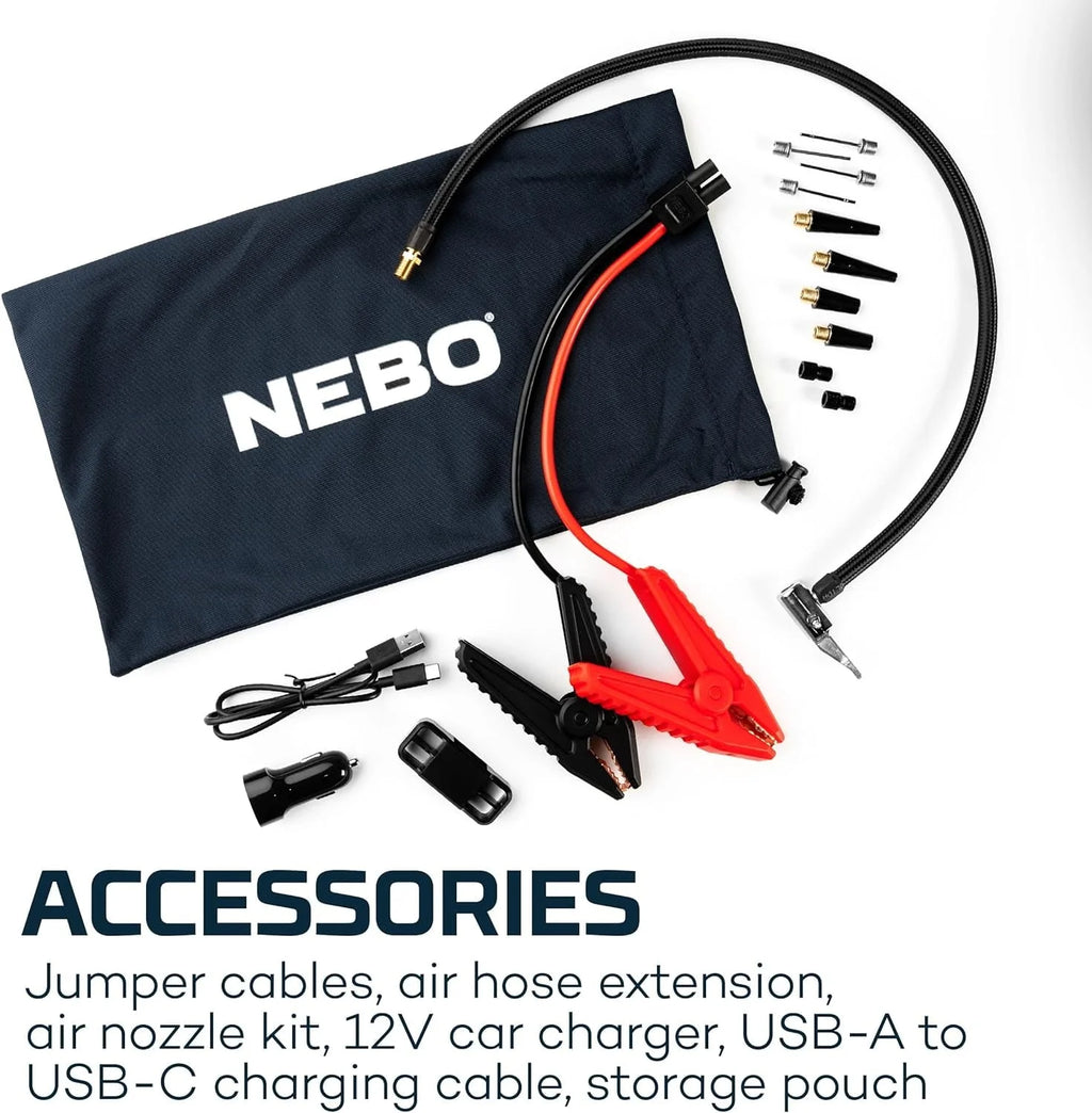 NEBO 4-in-1 Assist Air Jump Starter, Portable Car Battery Charger, Emergency USB Power Bank with Tire Pump, Interchangeable Air Nozzles, 310 Lumen Floodlight