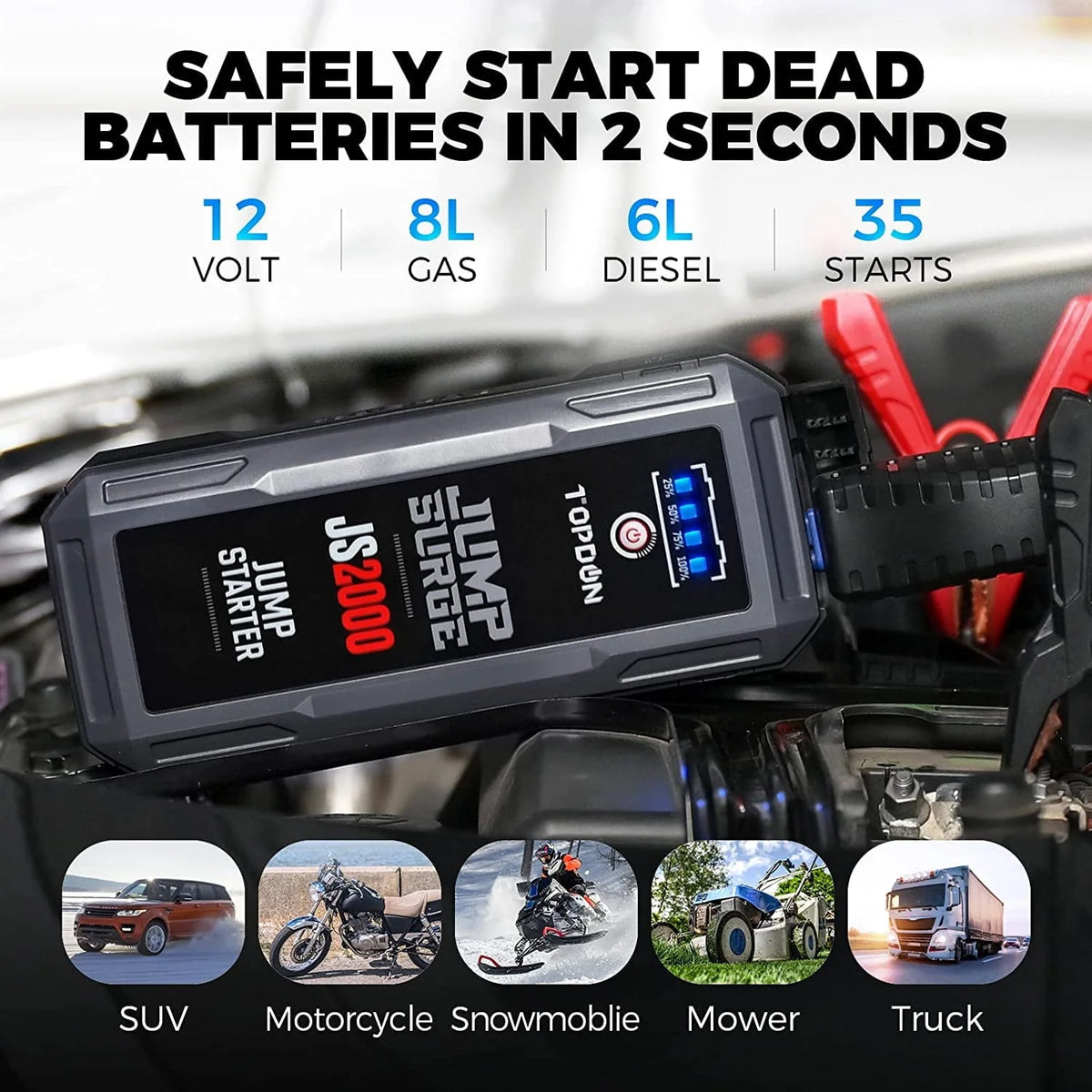 Car Battery Charger Jump Starter, TOPDON JS2000 12V 2000A Peak Portable Battery Booster Battery Jump Starter for Up to 8L Gas/6L Diesel Engines