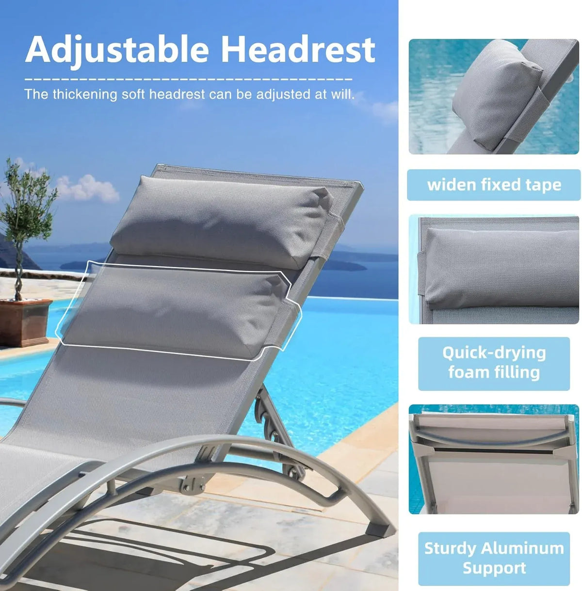 Domi Pool Lounge Chairs Set of 2 with Side Table, Aluminum Adjustable Outdoor Chaise Lounge, All Weather Poolside Chairs for Deck Lawn Poolside, Textilene (Grey)