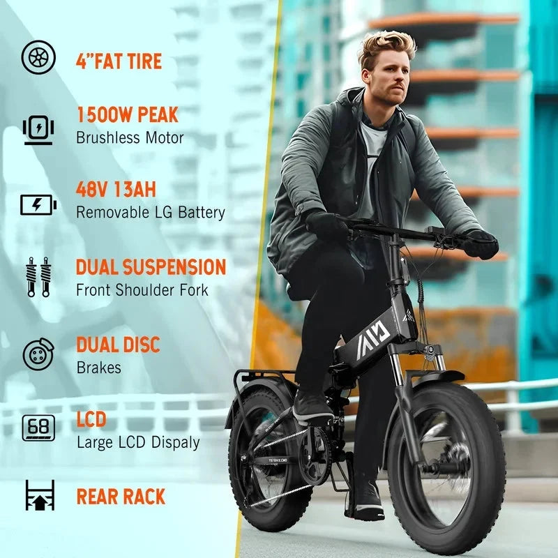 TST Electric Bike, 4.0 Fat Tire Foldable Ebike, 48V 13Ah Battery, 750W Electric Commuter Bicycle with LCD, 20 One-Step Folding Electric City Bike for Men Women, Black