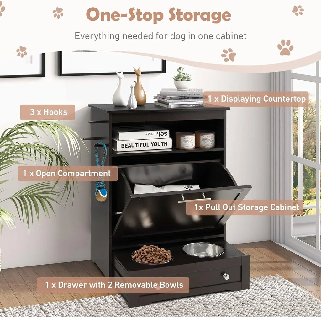 Dog Food Cabinet Feeding Station with 2 Raised Bowls, Pull Out Elevated Dog Bowl, Storage, 3 Hangers, Pet Feeder Toy Leashes Organizer, Brown