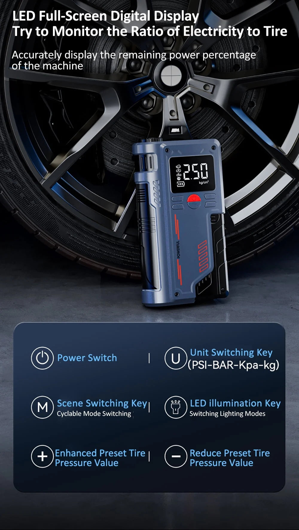 Dcenta Tire Inflator Car Emergency Jump Starter 1000A Peak 10000mAh Air Pump Battery Booster Device for 4.0L Gas/2.5L Diesel Engines