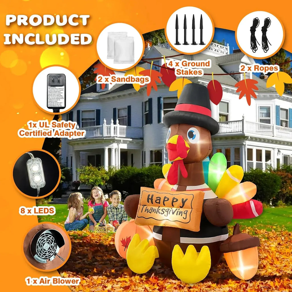 6FT Thanksgiving Inflatables Turkey Blow Up with Built-in Led Lights for Outdoor Holiday Yard Lawn Air-Blown Decorations