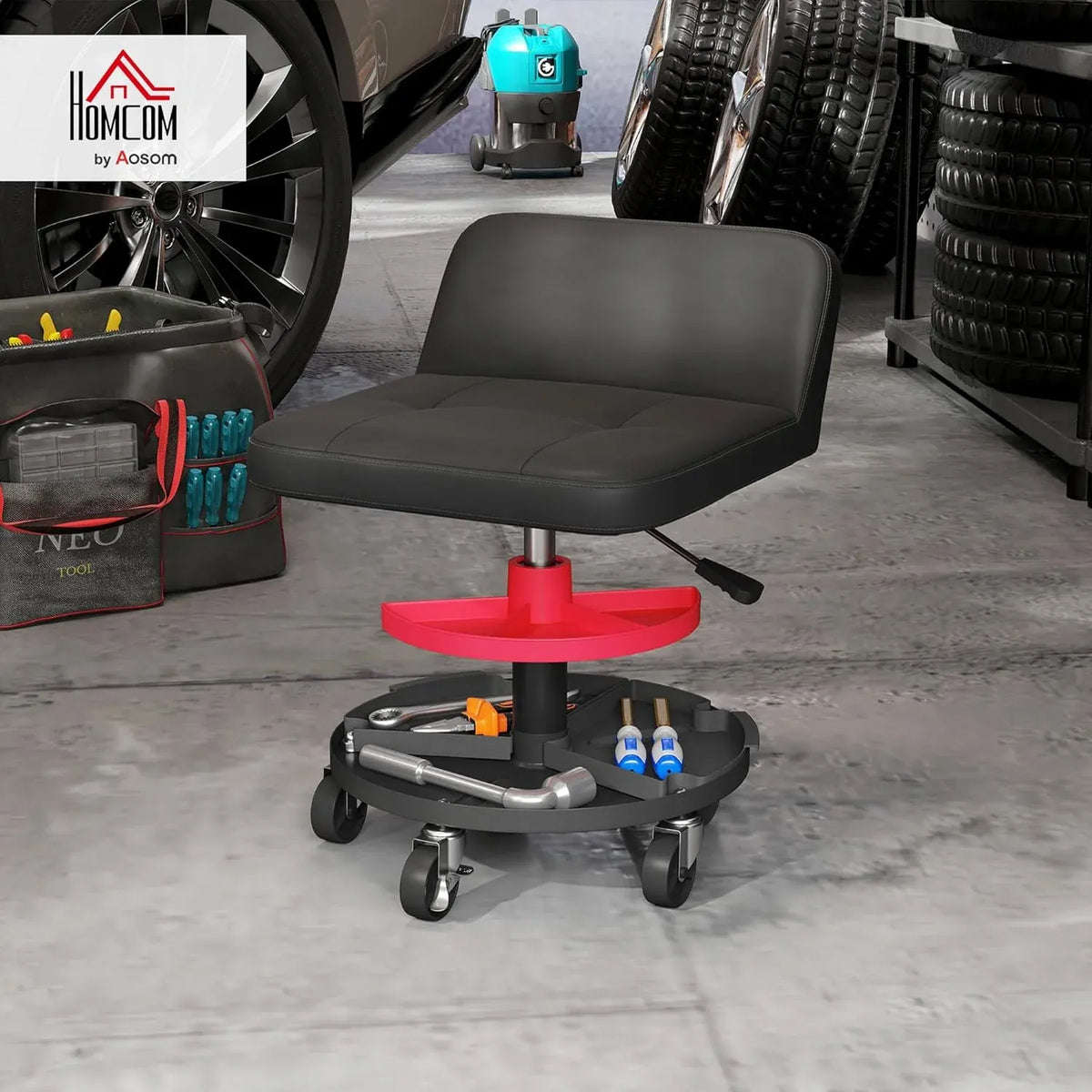 Rolling Mechanic Stool, 300 LBS Capacity Pneumatic Creeper Garage Stool with 360° Wheels, Backrest, Heavy Duty Roller Seat Padded Shop Chair with Tool Tray Storage, Adjustable Height, Black
