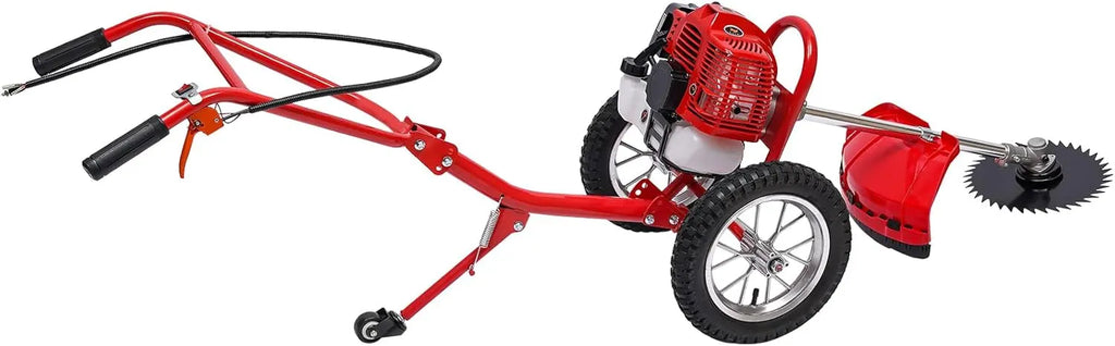 Walk Behind Weed Wacker Gas Powered 2-Stroke Lawn Mower, 2.41HP 49CC Air-Cooled Gasoline Garden Mower Weed Eater Brush Cutter with Wheels, Height Adjustable Grass Trimmer for Grass & Bush