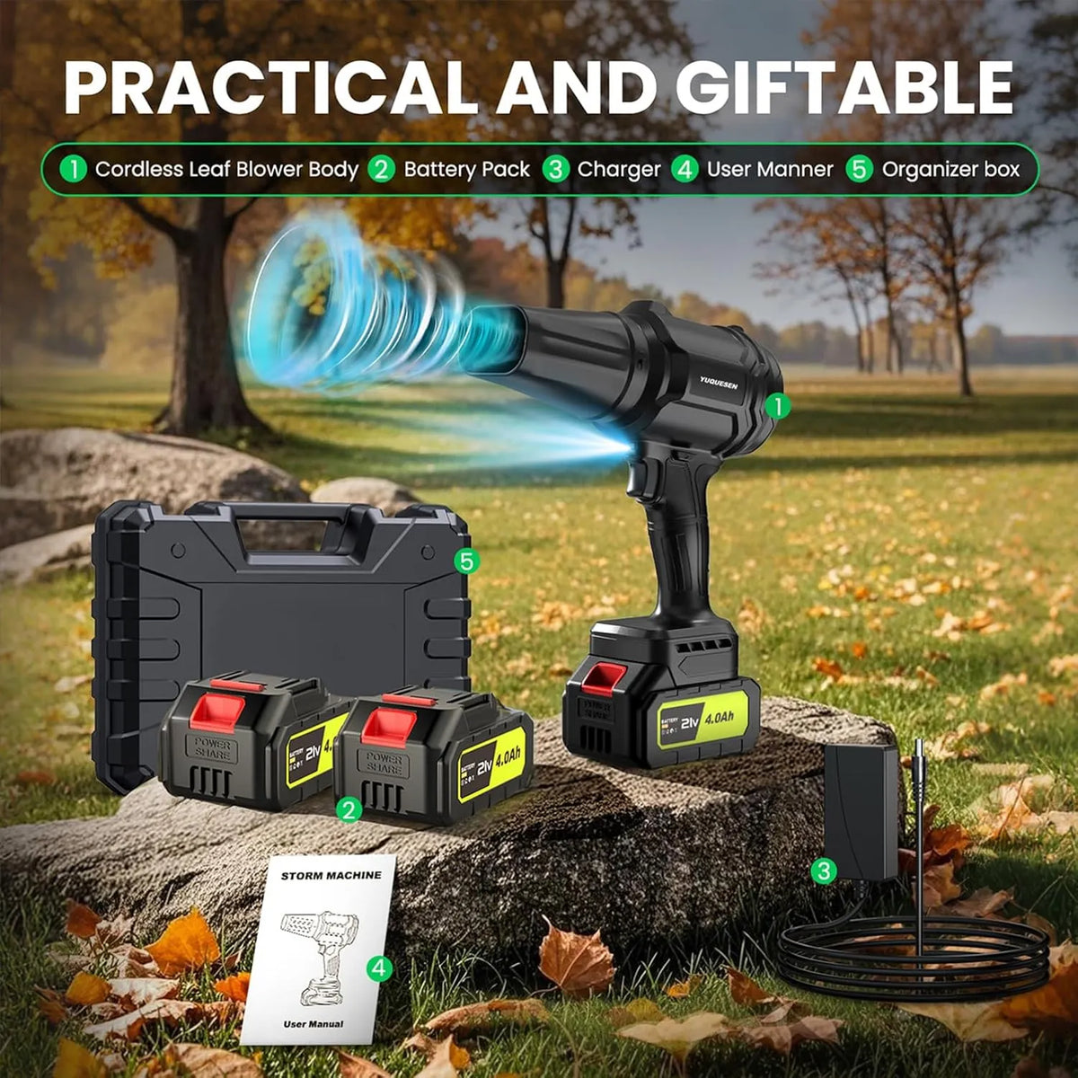 Cordless Leaf Blower, 600000RPM Handheld Leaf Blower with 2 X 4.0Ah Batteries & Charger, Lightweight Leaf Blowers for Patio Cleaning, Lawn Care, Leaves, Dust