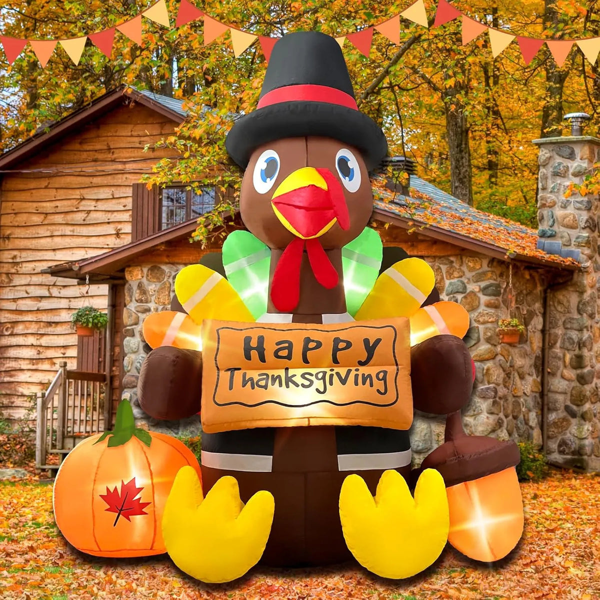 6FT Thanksgiving Inflatables Turkey Blow Up with Built-in Led Lights for Outdoor Holiday Yard Lawn Air-Blown Decorations