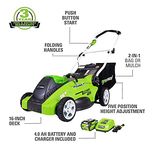 40V 16-Inch Cordless Electric Lawn Mower with Battery and Charger