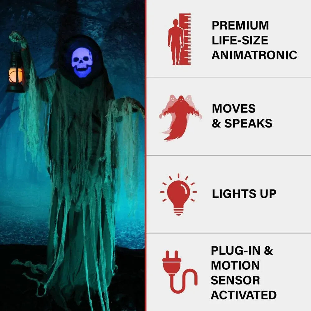 Haunted Hill Farm Motion-Activated Looming Phantom, Plug-in Talking Halloween Animatronic for Standing or Hanging Indoor or Covered Outdoor Creepy Decorations