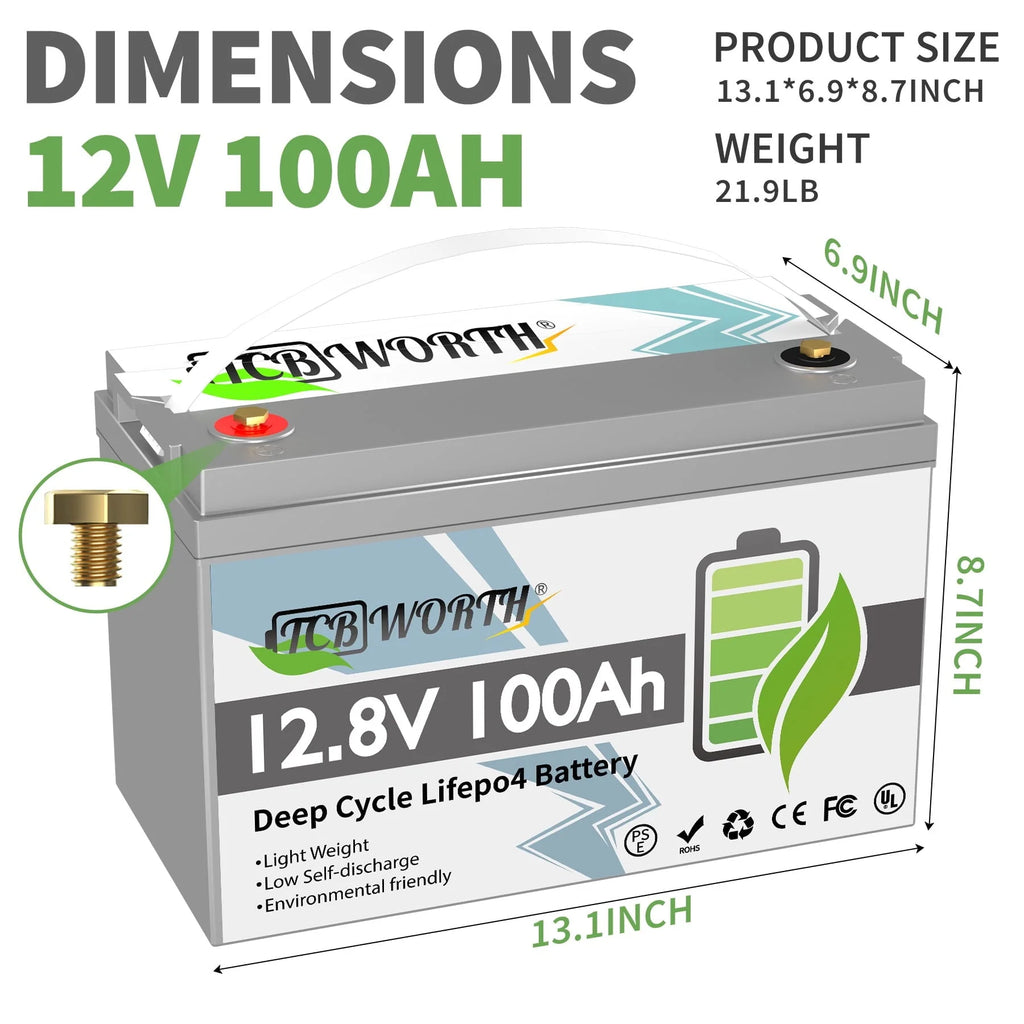 LiFePO4 Battery 12V 100Ah with 10A Charger,TCBWORTH Battery,100A BMS,10000+Cycles, for RV,Solar
