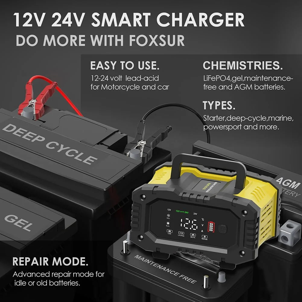 20A/10A Car Motorcycle Battery Charger 12V/24V Smart Charger Lithium AGM