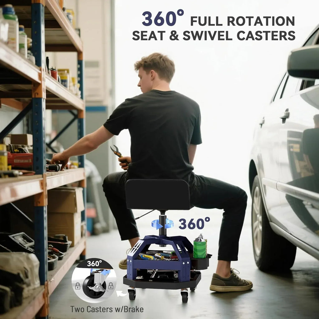 Rolling Mechanic Stool, 31.7-36.4 Height Adjustable Pneumatic Creeper Garage Stool with Dual Storage Trays, 360° Wheels, 300 LBS Capacity, Heavy Duty Roller Seat Padded Shop Chair, Blue