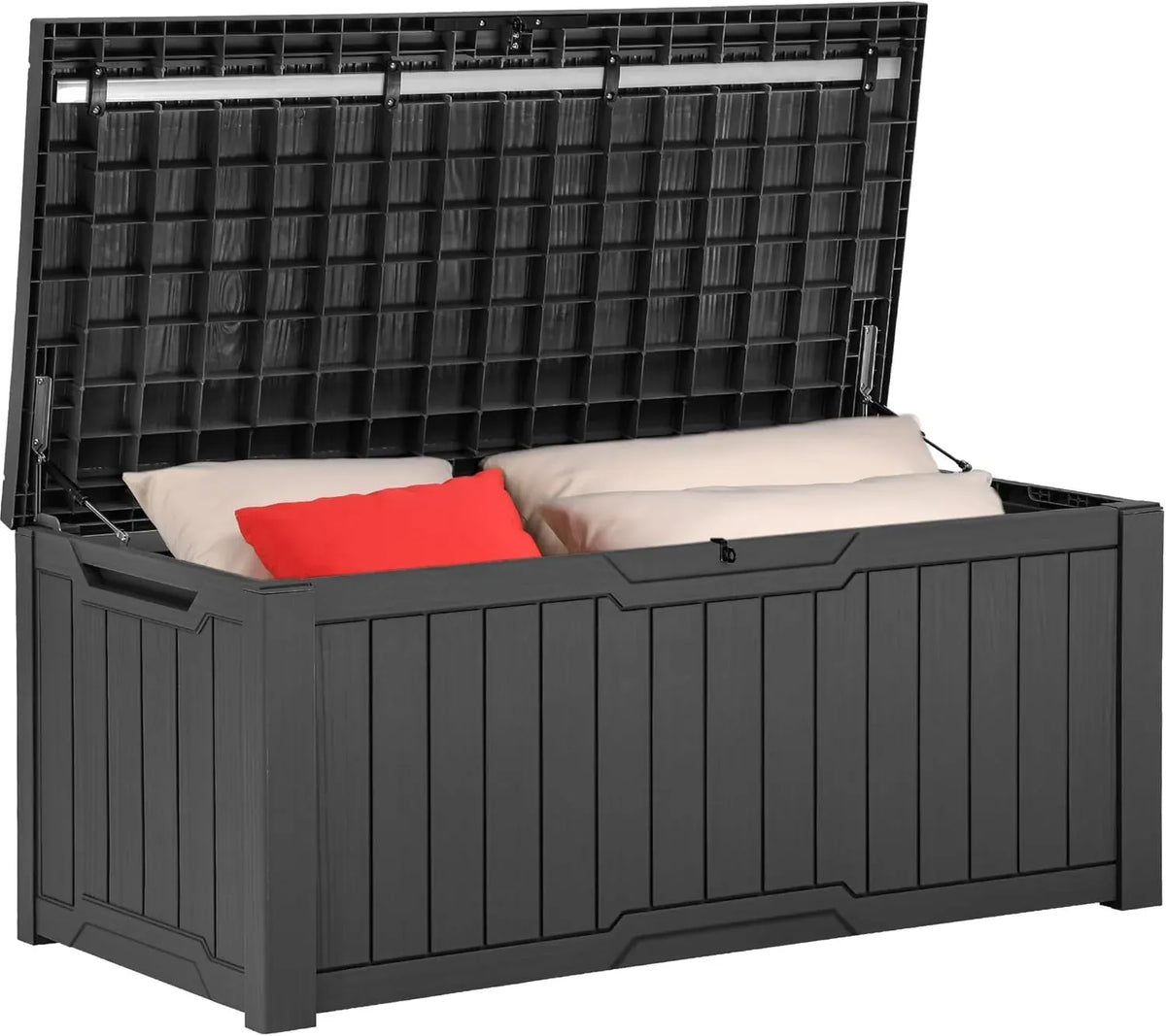 120 Gallon Outdoor Storage Deck Box with Cushion, Large Resin Patio Storage for Outdoor Pillows, Garden Tools and Pool-Supplies, Waterproof, Lockable (Taupe)