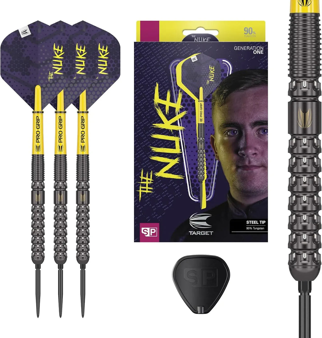 TARGET Darts Luke Littler G1 Steel Tip Swiss Point Darts, 90% Tungsten Dart, 22G/23G/24G | Generation 1 Steel Tip Dart, Player Edition Swiss Points Dart Sets with Tool, Pro Grip Shafts & No.2 Flights