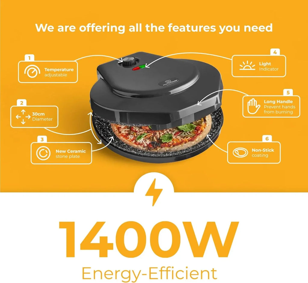 Countertop Pizza Maker, 1450W Mini Pizza Oven, Pizza Maker Oven With 12′′ Non-Stick Ceramic Plate, Indoor Electric Pizza Oven for Crepes, Pancakes - Black