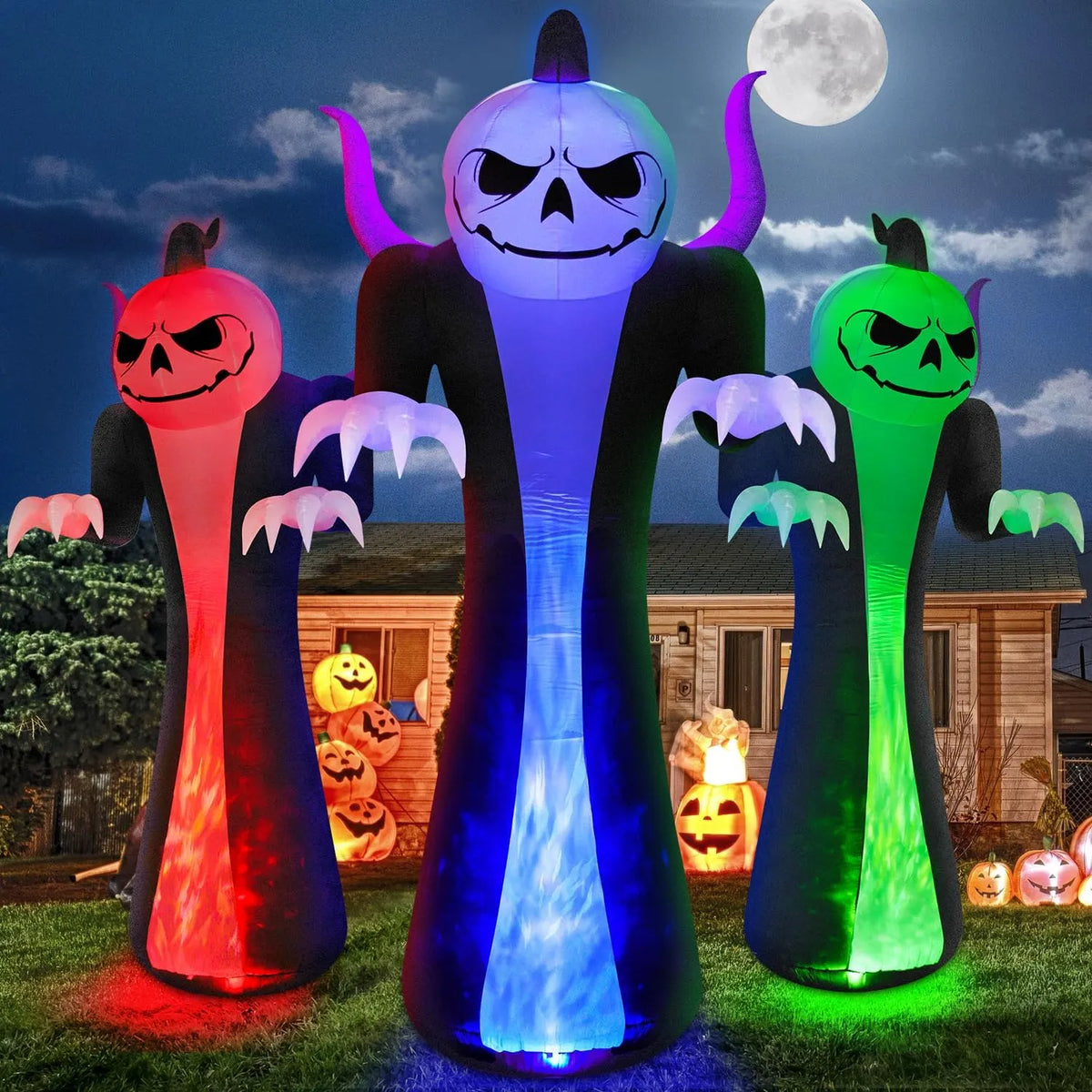 12FT Halloween Inflatables Decoration Outdoor Giant Pumpkin Reaper Ghost Built-in 3-Colored Rotation Flame LED Halloween Blow Up Yard Decorations Spooky Outdoor Party Yard Lawn(1PCS)