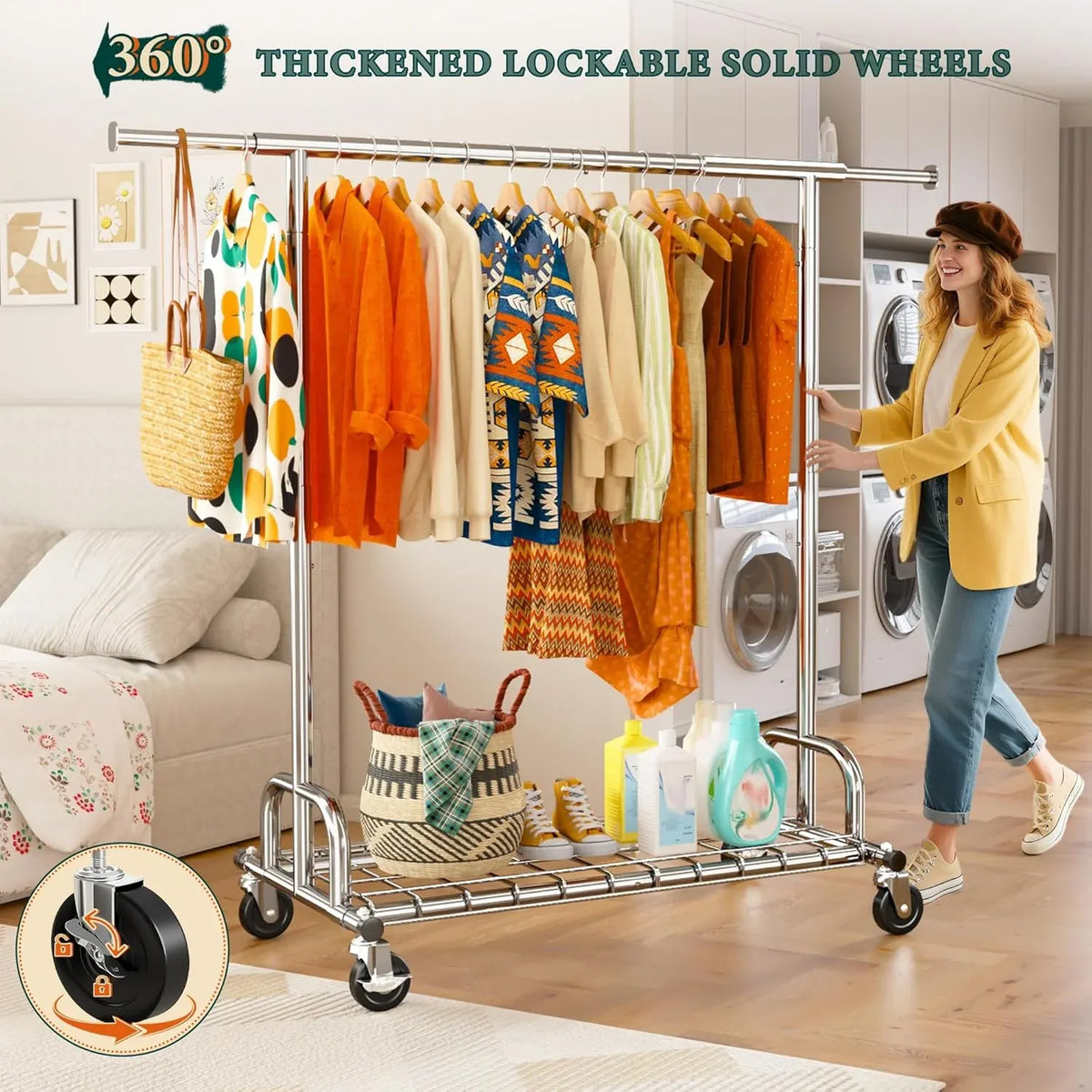 Raybee Heavy Duty Clothes Rack, Clothing Racks for Hanging Heavy Clothes 200+, Rolling Clothing Rack Load 485 LBS, Extendable & Adjustable Portable Commercial Garment Rack with Wheels