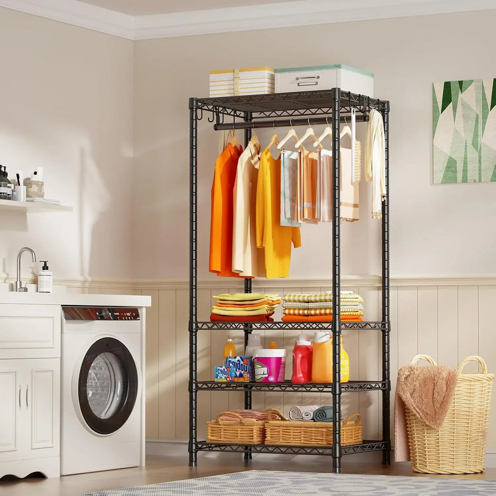 Ulif H4 Mini Portable Closet, 4 Tiers Freestanding Clothing Garment Rack for Small Space, Metal Clothes Wardrobe System for Bedroom, 23.6 W x 14 D x 76.4 H, Load 502 lbs, Black