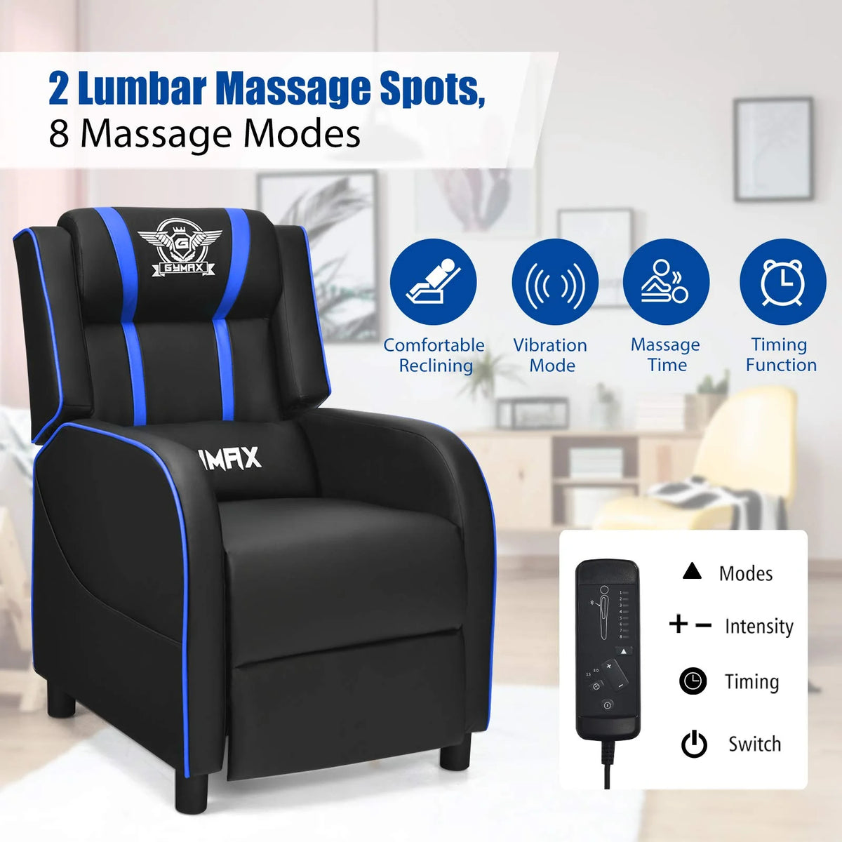 POWERSTONE Gaming Recliner Chair, Reclining Gaming Chair Ergonomic Leather Sofa with Footrest Lumbar Support Headrest and Side Pouch for Living Room Home Theater, Blue