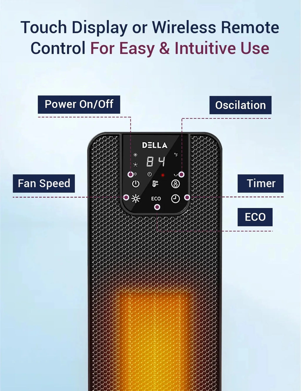 DELLA 26 1500W PTC Fast and Quiet Ceramic Portable Electric Space Heaters with Realistic 3D Flame & Fire Crackling Sound, 3 Modes, Eco, LED Display, Remote, Safety Indoor Room Tower Heater Fan, Black