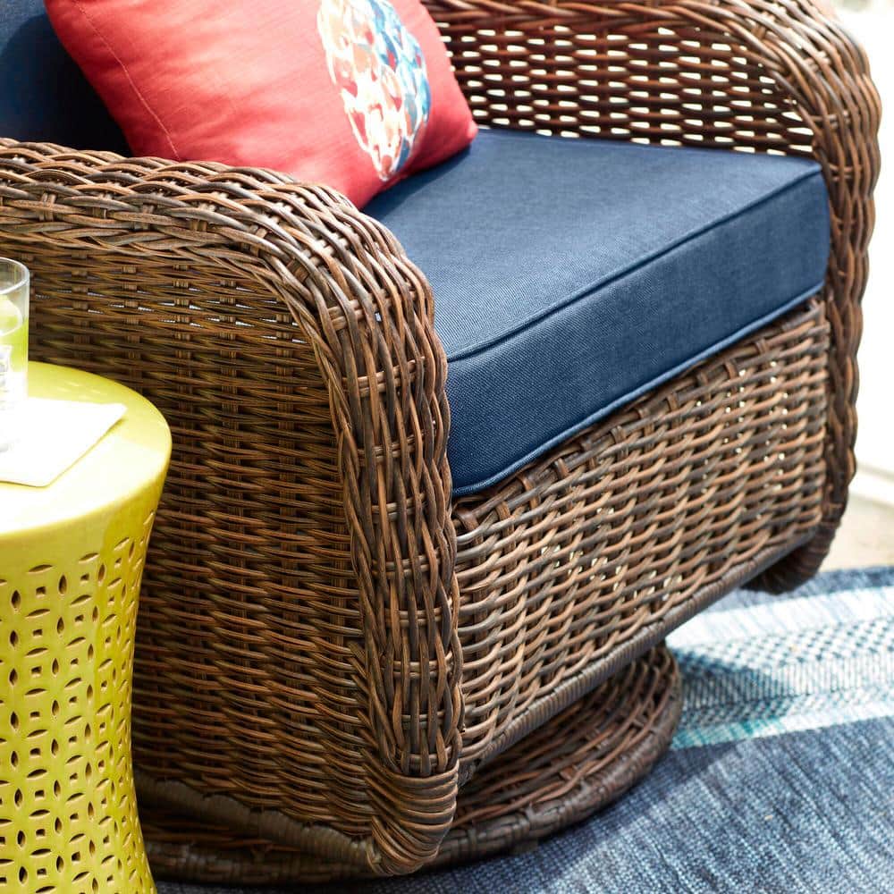 Hampton Bay Cambridge Brown Wicker Outdoor Patio Swivel Rocking Chair with CushionGuard Midnight Navy Blue Cushions 65-17148B4