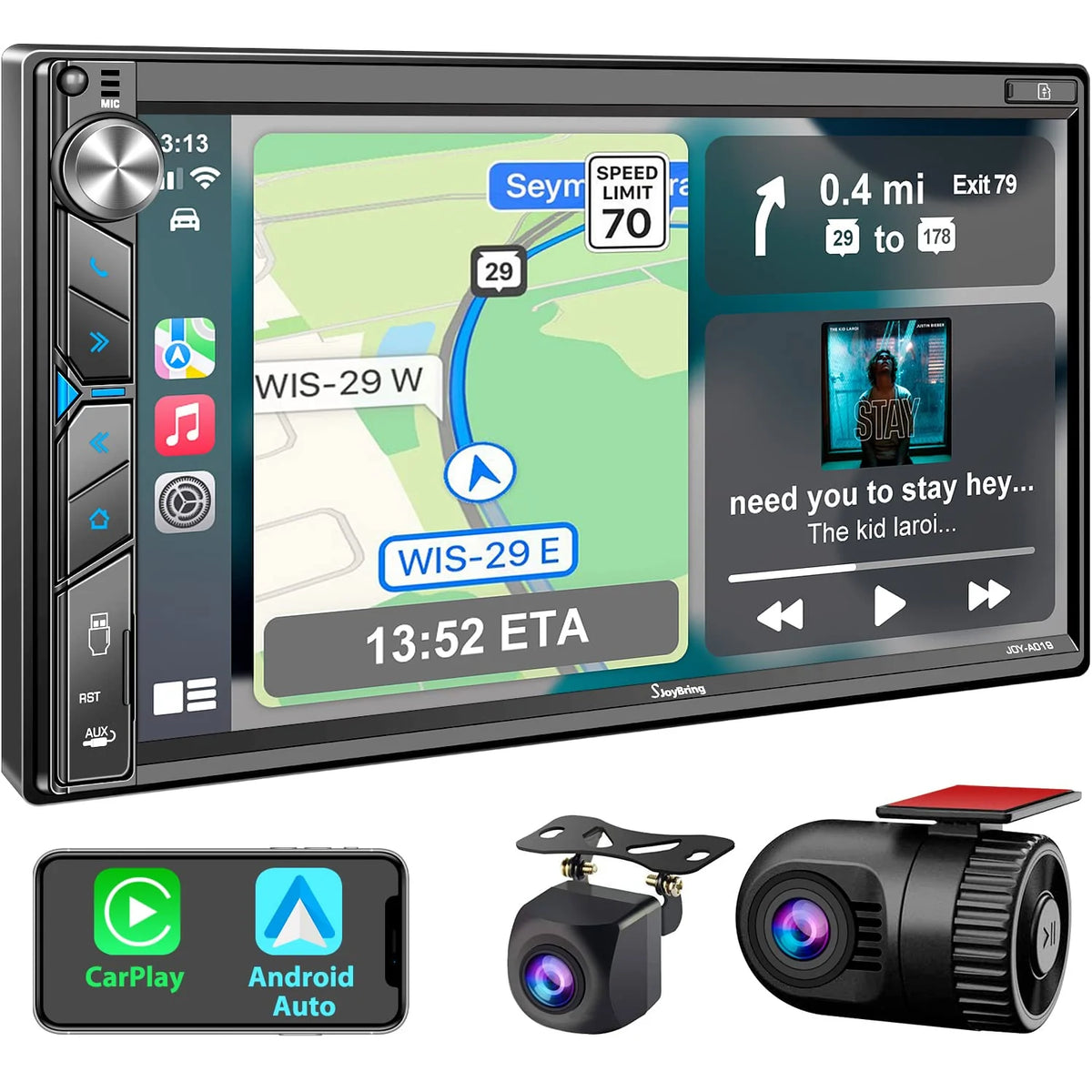 Double Din Car Stereo with Dash Cam - Voice Control Carplay, Android Auto, Steering Wheel Controls, 7 HD Touchscreen, Backup Camera, Bluetooth, Mirror Link, Subw, USB/TF/AUX, AM/FM Radio Receiver