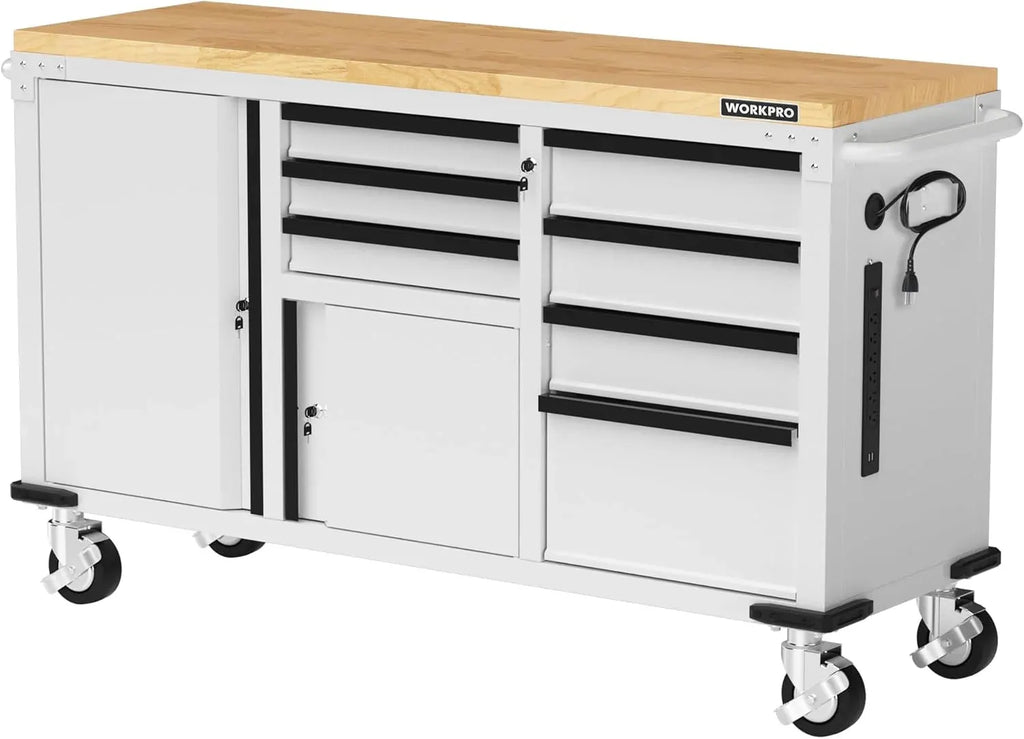62 x 20 7-Drawer & 2-Door Rolling Tool Chest, Mobile Tool Storage Cabinet with Power Strip, Locking System, Heavy Duty Rolling Cabinet for Garage, Warehouse & Kitchen, 1000 lbs Capacity