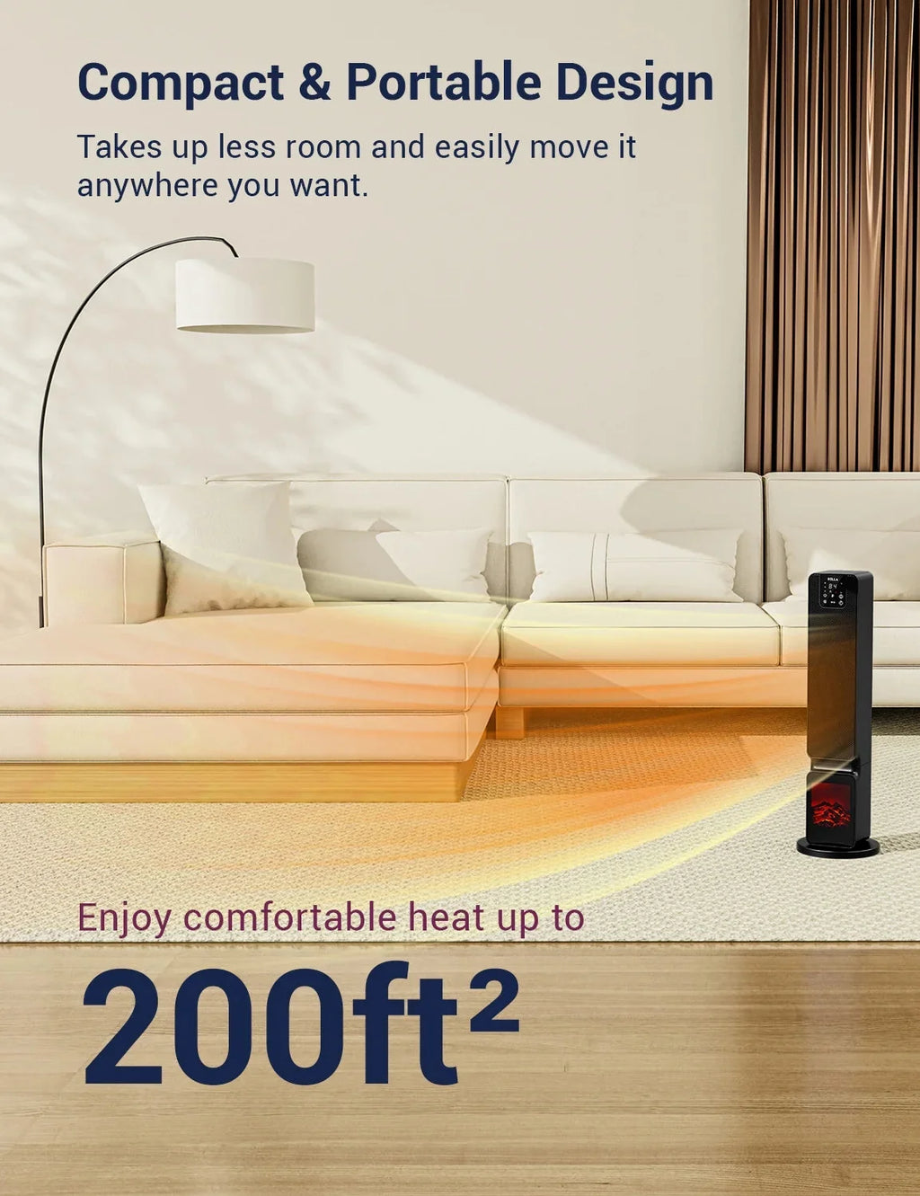 DELLA 26 1500W PTC Fast and Quiet Ceramic Portable Electric Space Heaters with Realistic 3D Flame & Fire Crackling Sound, 3 Modes, Eco, LED Display, Remote, Safety Indoor Room Tower Heater Fan, Black