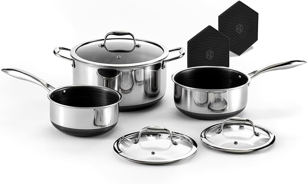 Hybrid Nonstick 6-Piece Pot Set with 2 Silicone Trivets, 2, 3, and 8-Quart Pots with Tempered Glass Lids, Stay-Cool Handles, Dishwasher-Friendly, Induction-Ready, Compatible with All Cooktops