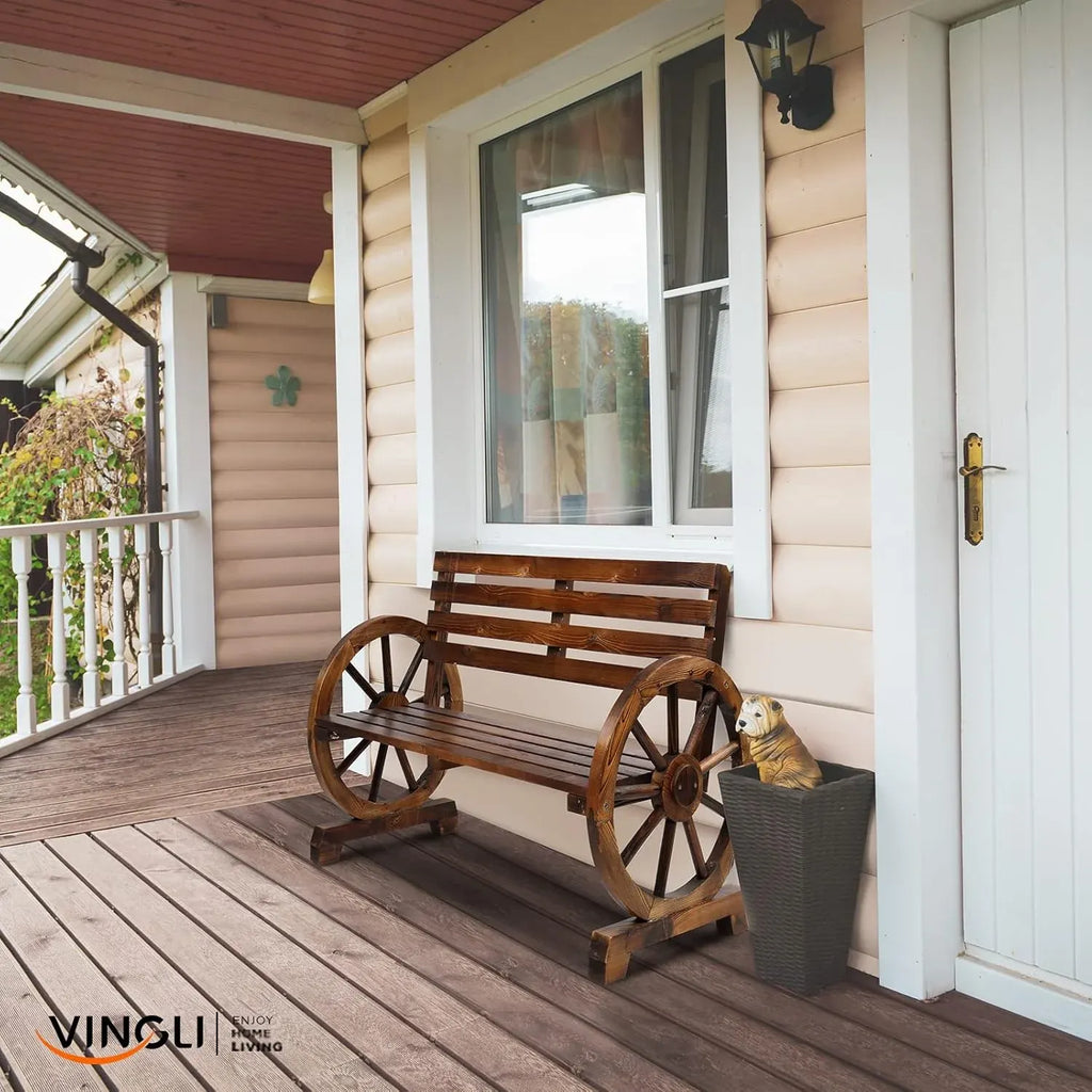 VINGLI 41 Rustic Wooden Wheel Bench Outdoor Bench, 2-Person Patio Bench Wagon Slatted Seat, Garden Benches for Outdoors 350lbs High Capacity, Weather Resistance