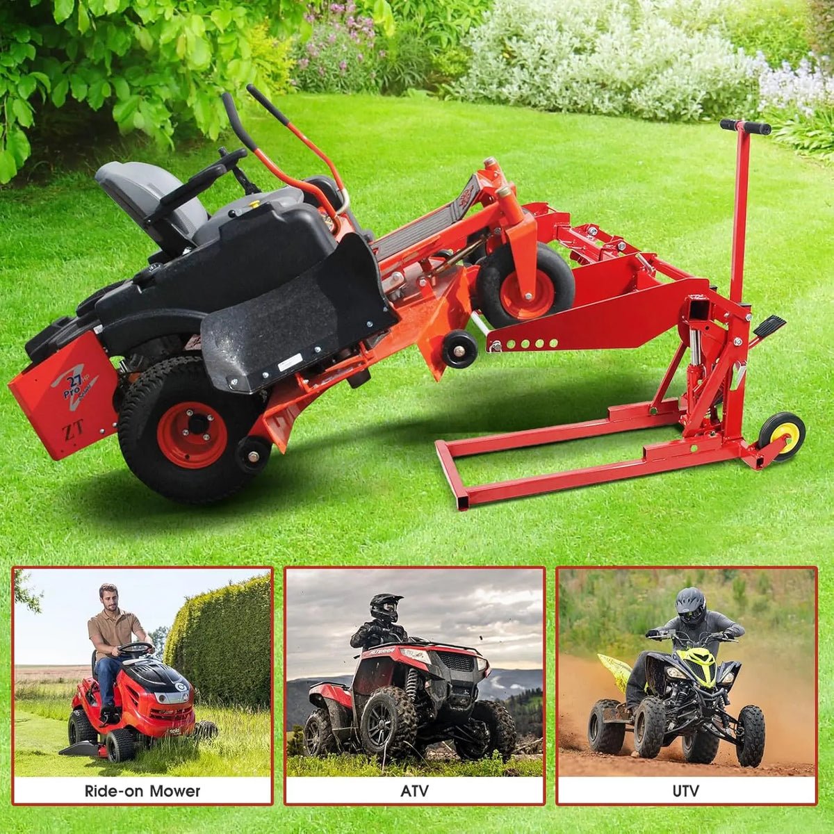 Garvee Hydraulic Lawn Mower Lift Jack, 550 Lb Capacity, Heavy Duty Steel Tractor Lift with Adjustable Wheel Span, Up to 23 Lifting Height for Zero Turn, Riding Mowers, Lawn Tractors, Red