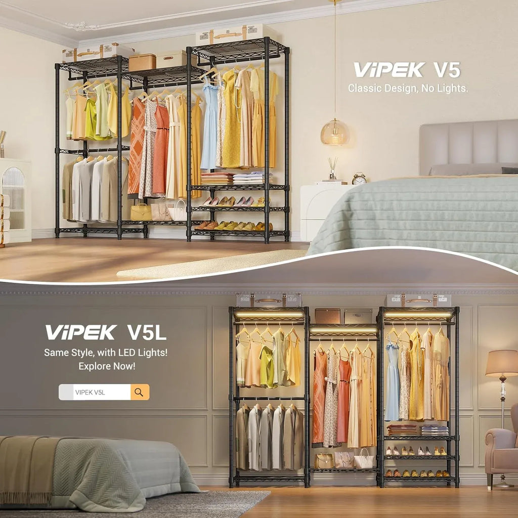 V5 Portable Closet Wardrobe Heavy Duty Clothes Rack, Freestanding Clothing Rack with 4 Hang Rods & 8 Shelves, Adjustable Closet Racks, 68.9 L x 15.7 W x 76.4 H, Max Load 890LBS, Black